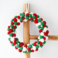 Felt Ball Wreath - Green, White & Red (30cm diameter) 